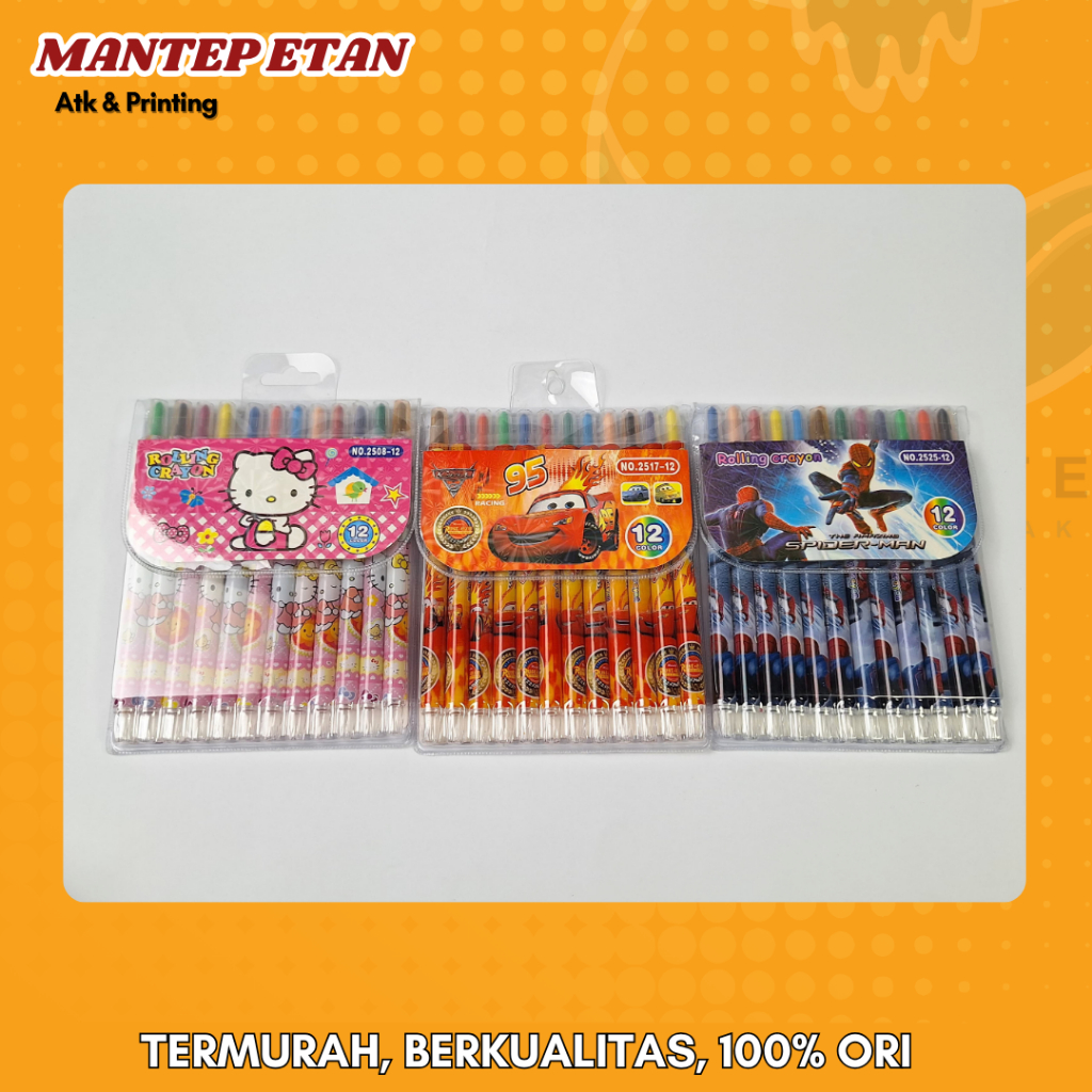 

TWIST CRAYON/CRAYON PUTAR 12 WARNA CARS,HELLO KITTY, SPIDERMAN.
