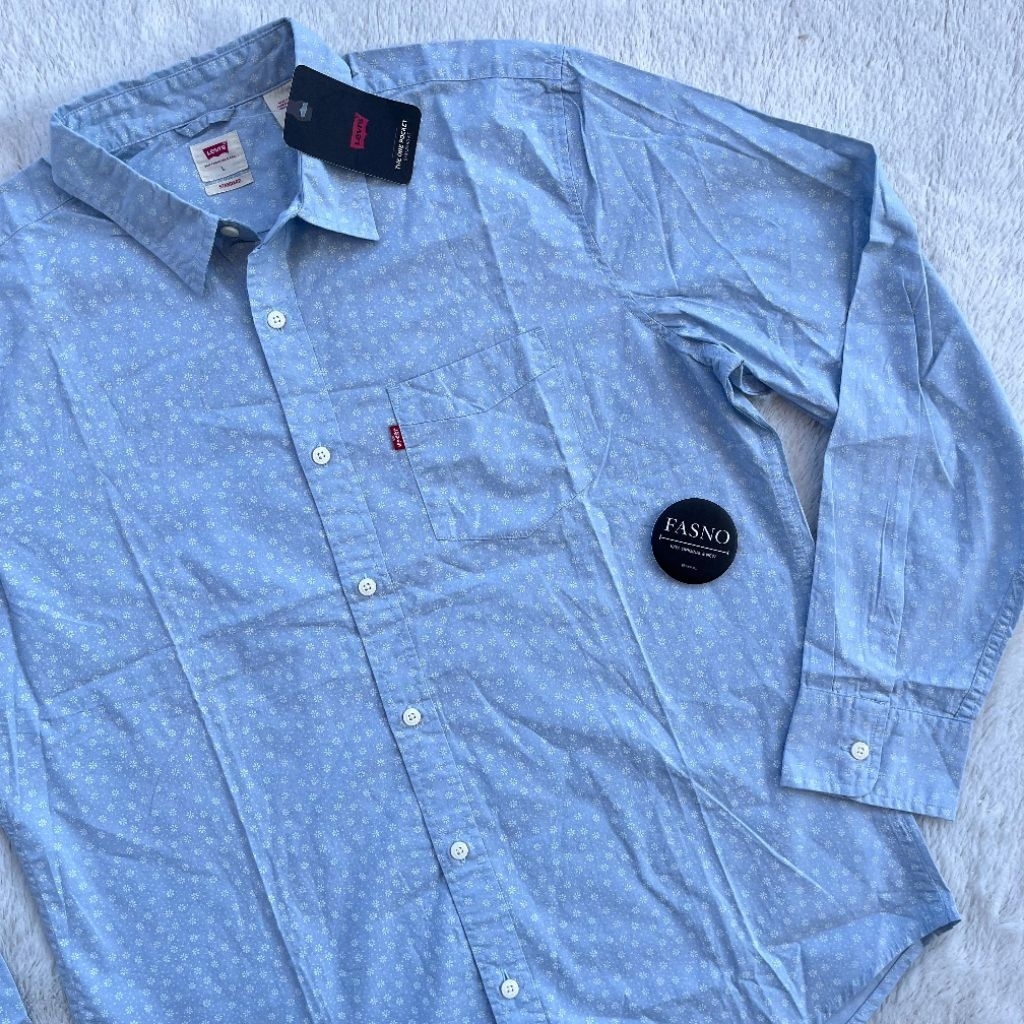 NEW & ORIGINAL LV'S MENS Floral LS Shirt 1 Pocket.Color : Sky Blue.