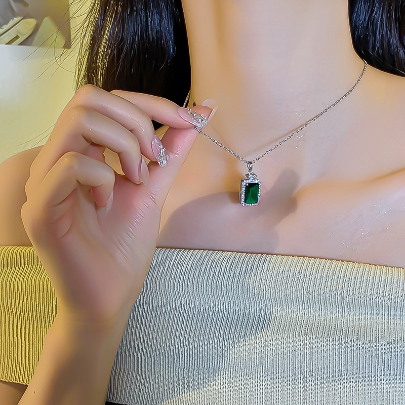 Kalung Batu Baguette Zamrud Elegan Kalung Liontin Persegi Batu Alam Biru Kalung Wanita Aksesories Fa