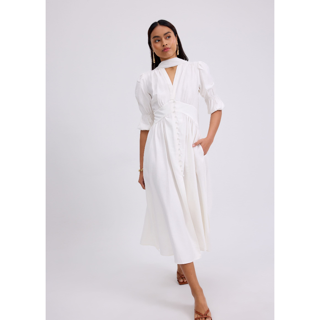 Love Bonito - Dress Wanita - V-neck Puff Sleeve Fit & Flare Midaxi Dress in Garden City Blooms - Whi