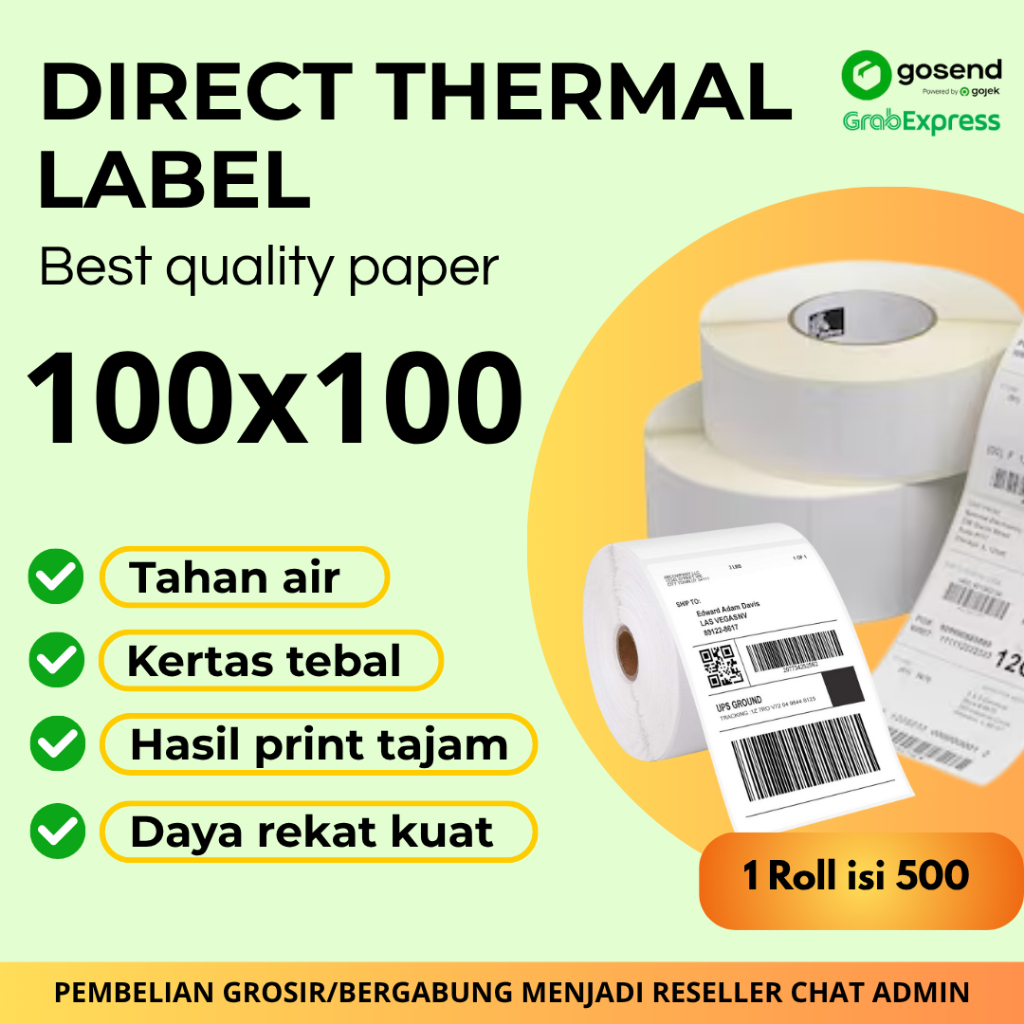 

Kertas Thermal Label Ukuran 100x100 isi 500 lbr (1 DUS ISI 36) – Label Pengiriman / Label Barcode / Label Harga – Tanpa Tinta – Cetak Mudah & Cepat