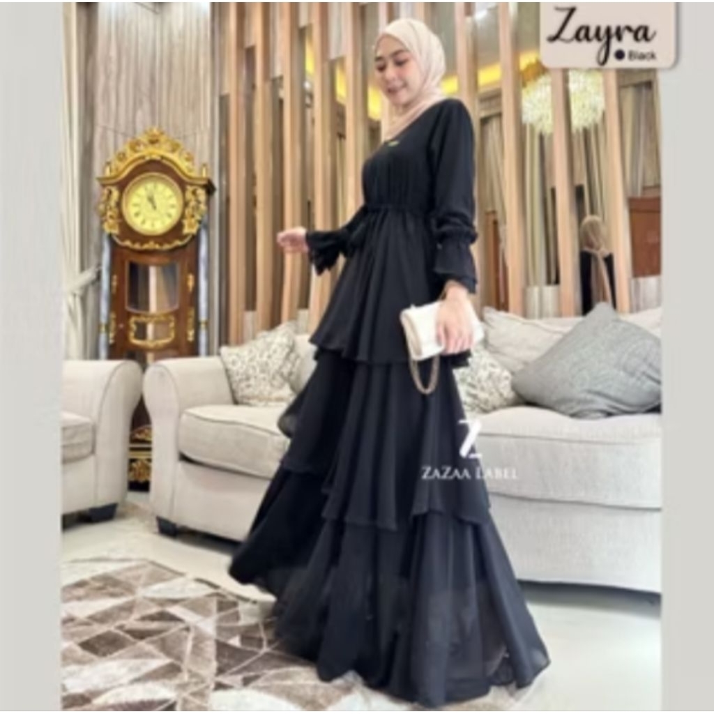 Zaza label- zayra Maxi dress wanita muslimah Ceruti baby doll full furing mewah busui....