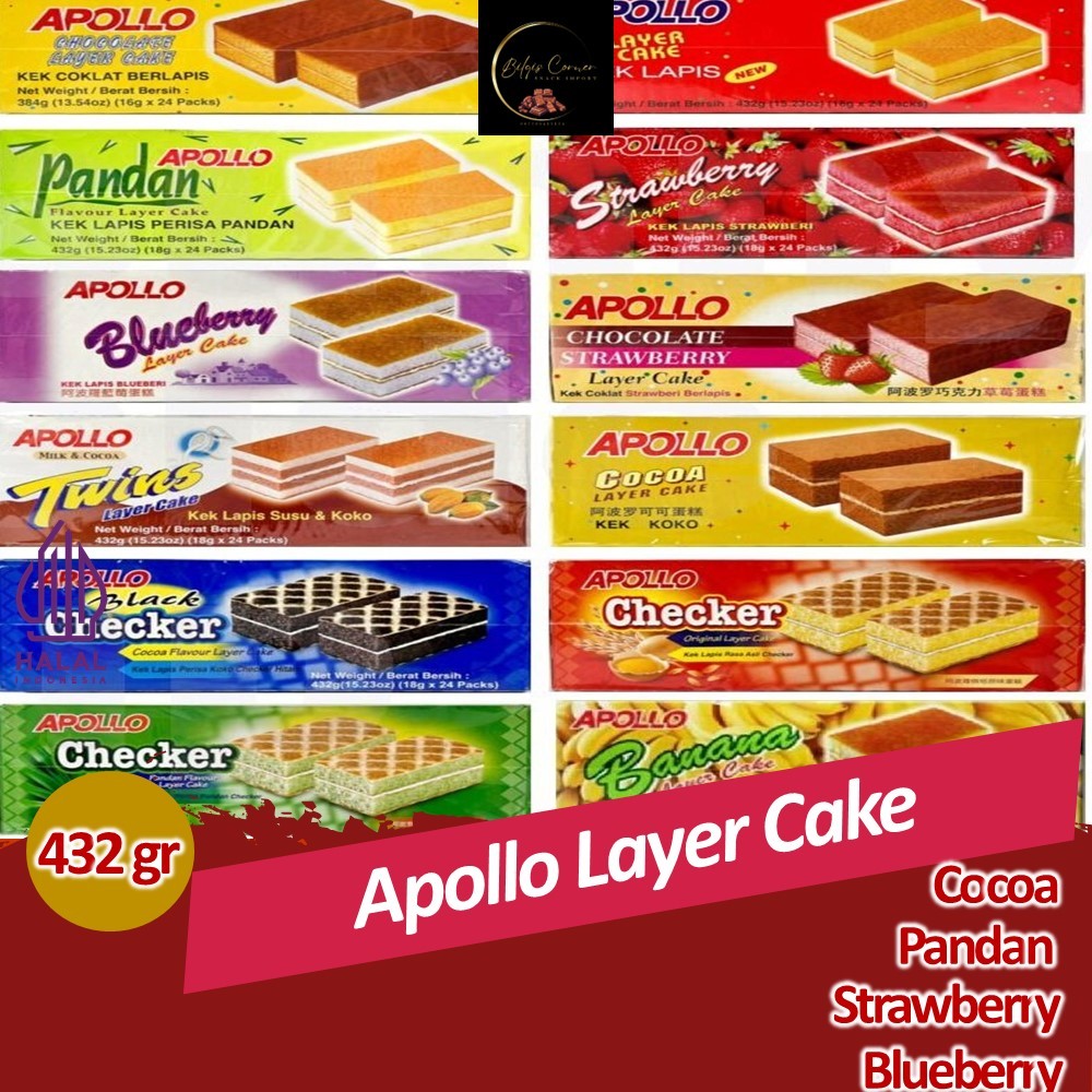 

Apollo Layer Cake Import Malaysia Cocoa Strawberry Blueberry Pandan 432 Gram Isi 24 Pcs