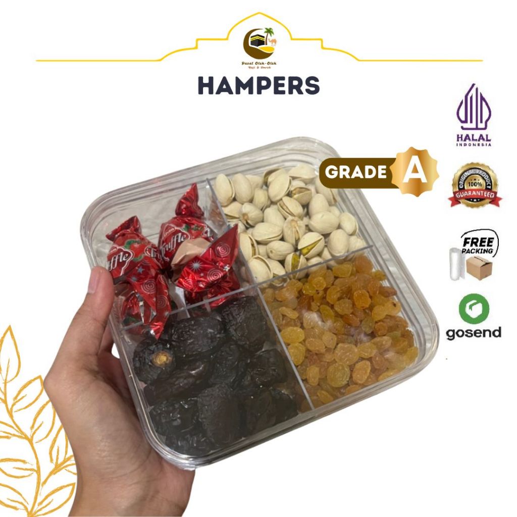 

Paket Hampers Premium Oleh Oleh Haji dan Umroh Kurma Kacang Arab Kismis Coklat Truffle Kurma Ajwa