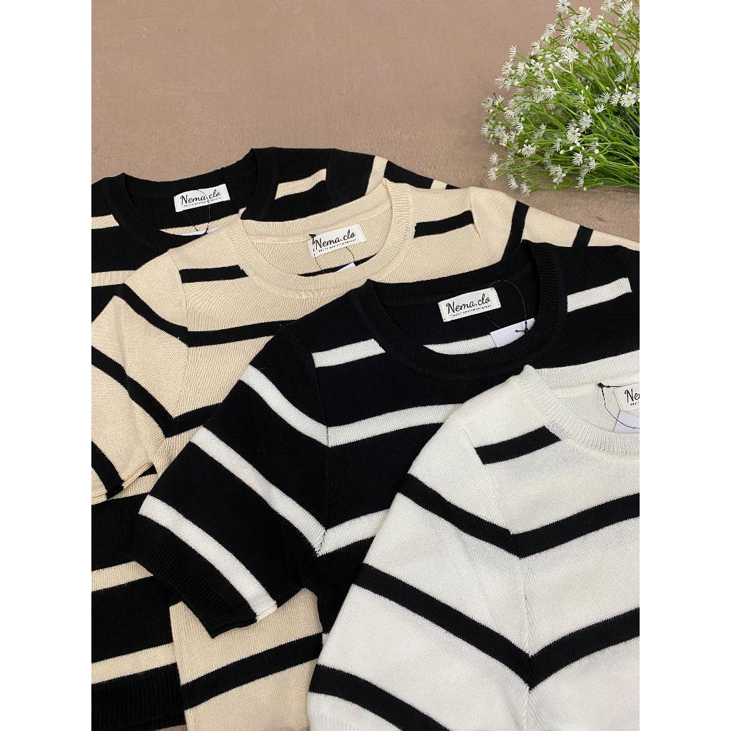 YUKA Stripey Knit Top / Atasan Rajut Garis Lengan Pendek / Top Knit Garis Wanita / Kaos Knit Motif G