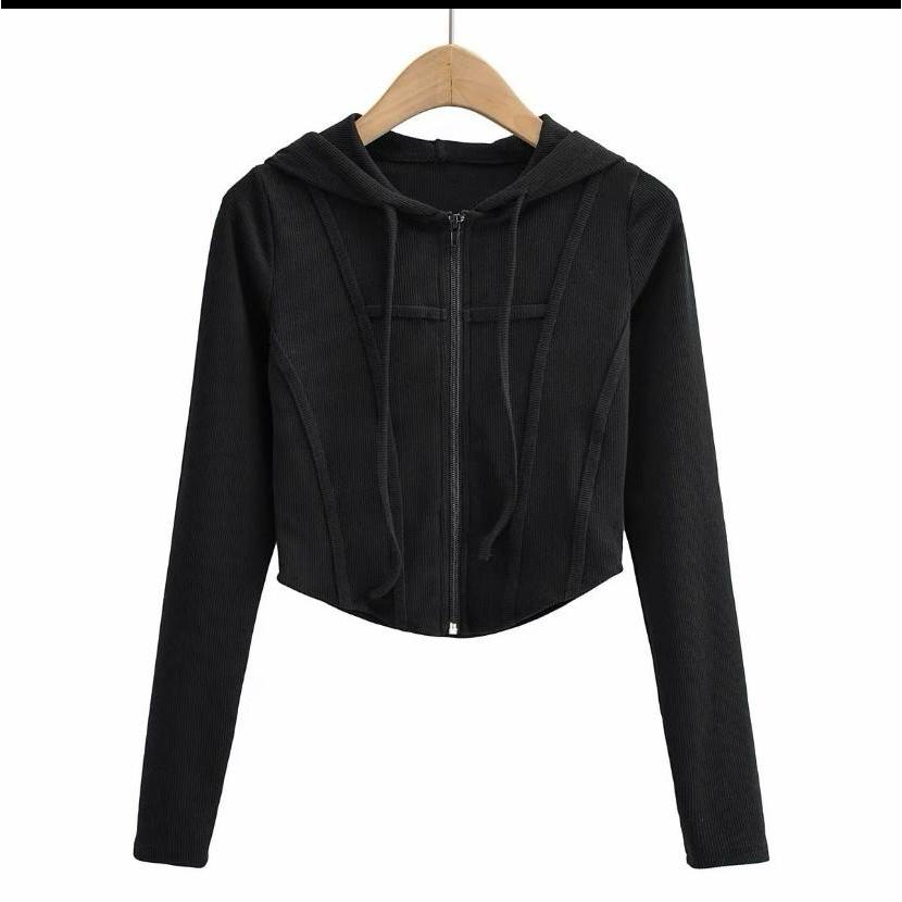 Grania Jacket Sweater Zipper Hoodie Crop Top Wanita Kekinian Fashion Outfit Korea