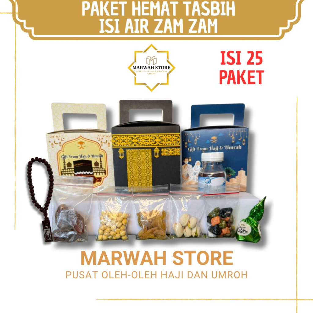 

Paket Oleh-oleh Haji dan Umroh Paket Hemat 25 pcs Dus Ka'bah Lengkap Air Zamzam Tasbih
