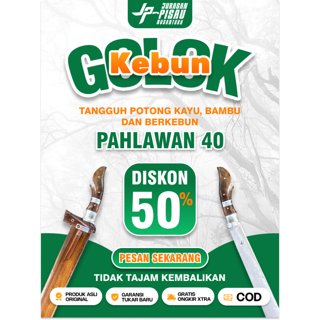 Golok Pahlawan Panjang 40 cm | Golok Kebun Berkebun Sembelih Baja Sup9 | Juragan Pisau Nusantara