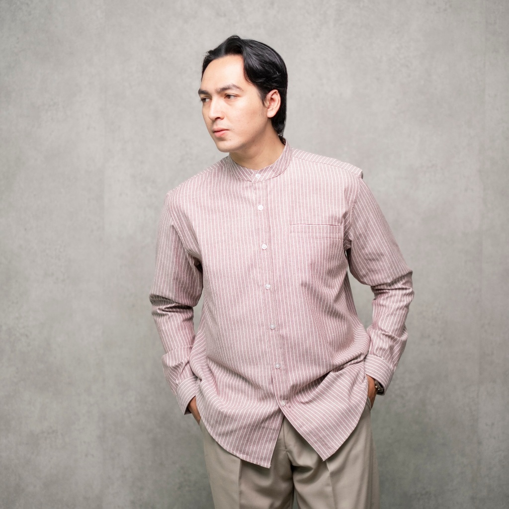 P&Z Kemeja Stripe Pria Shanghai Lengan Panjang Maroon