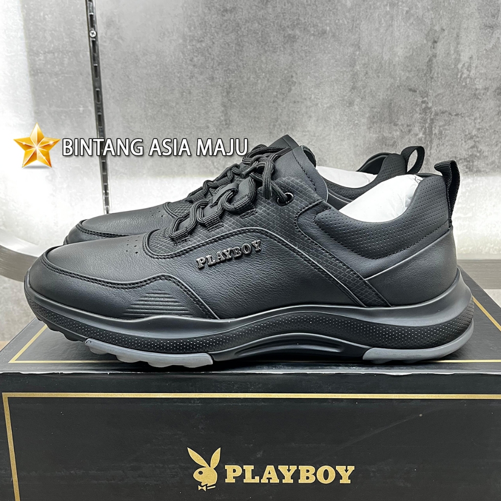 SEPATU SNEAKER PLAYBOY SNEAKERS PRIA ORIGINAL KULIT ASLI FULL BLACK POLOS PL30