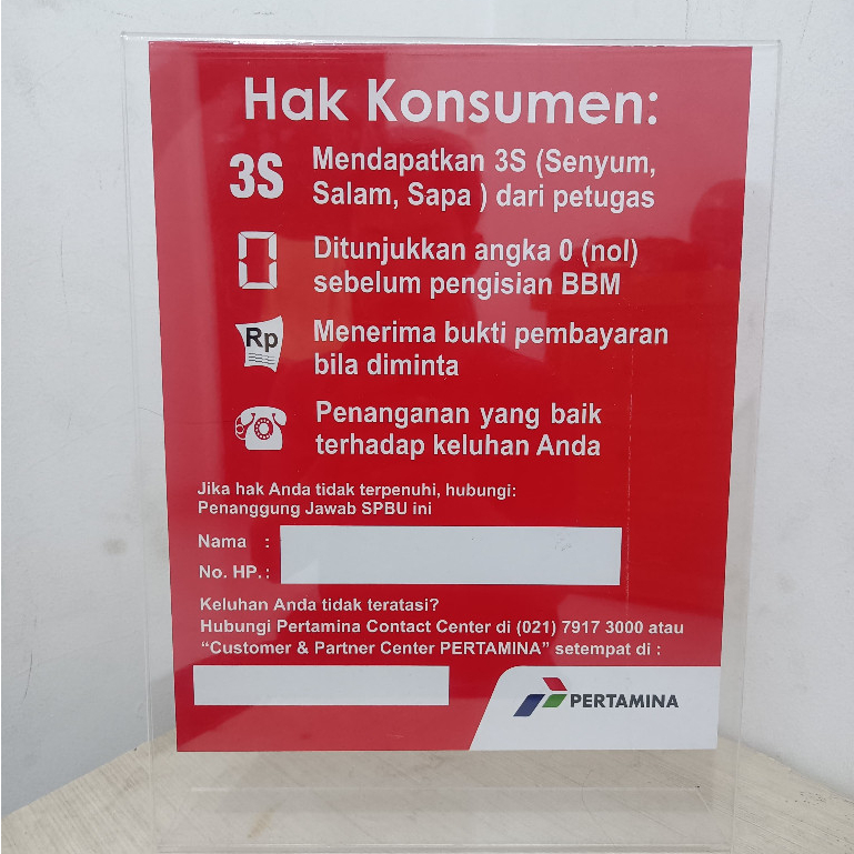 AKRILIK ACRYLIC HAK KONSUMEN 3S SPBU PERTAMINA