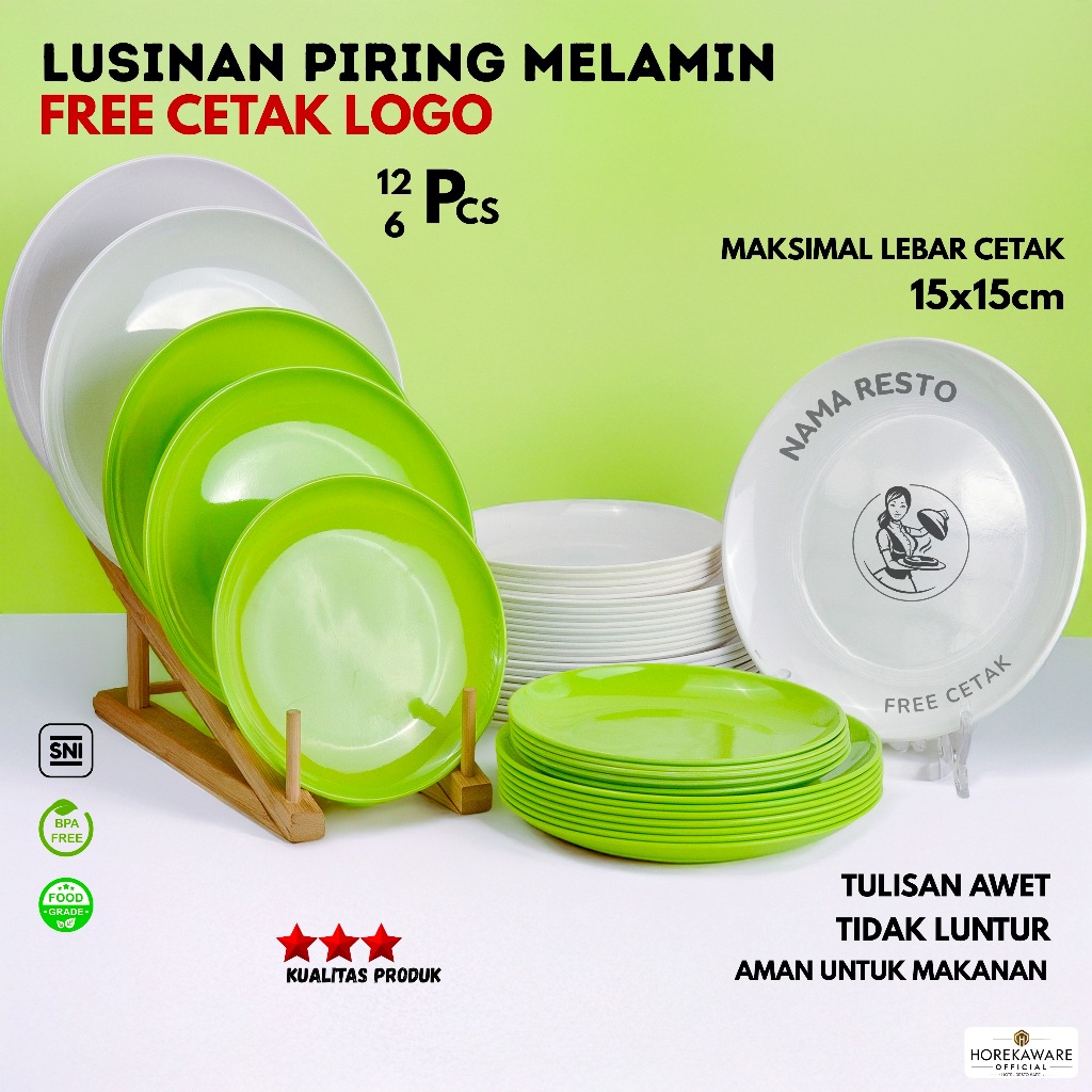 Piring Melamin Lusinan 6/12pc (FREE Cetak Nama Logo Custom) Piring Bulat Dangkal Catering Resto Cafe