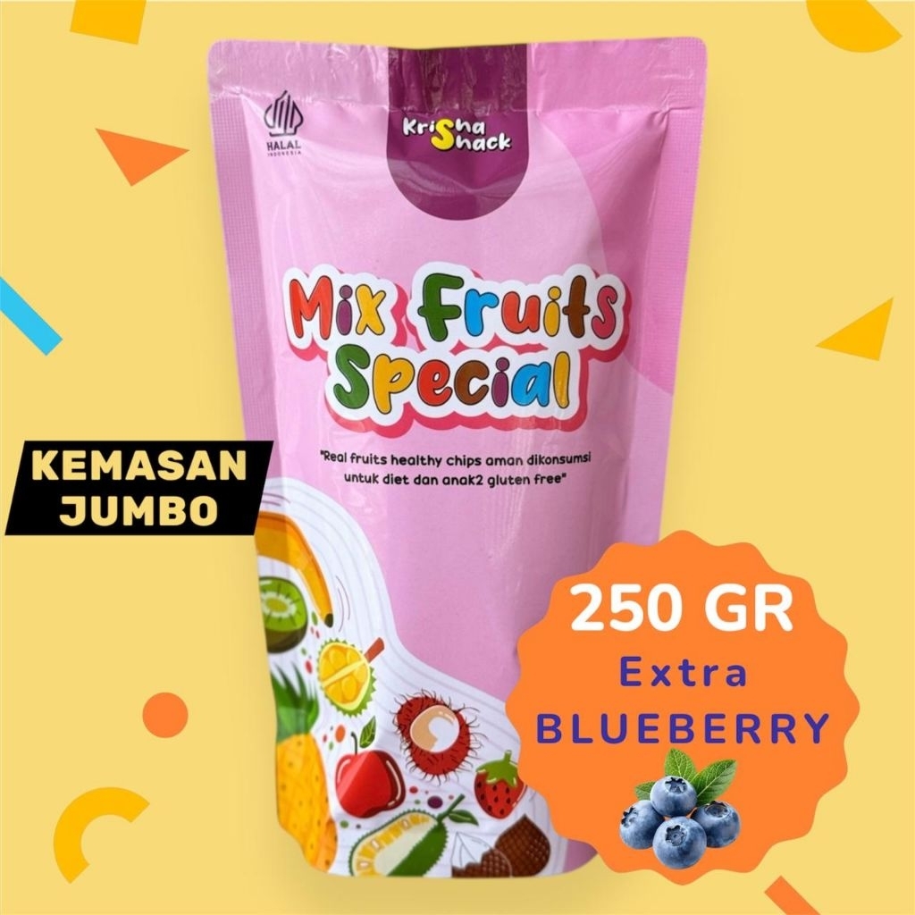 

MIX FRUITS SPECIAL SUPER JUMBO 250 GR EXTRA BLUEBERRY (KERIPIK BUAH CAMPUR ISIAN LENGKAP)