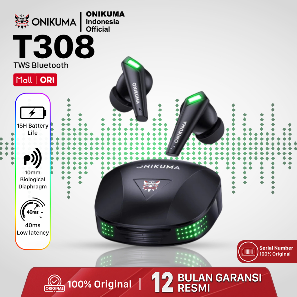 ONIKUMA T308 Headset Bluetooth TWS Gaming Earphone Kedap Suara Headphone - Black green LED Bergarans