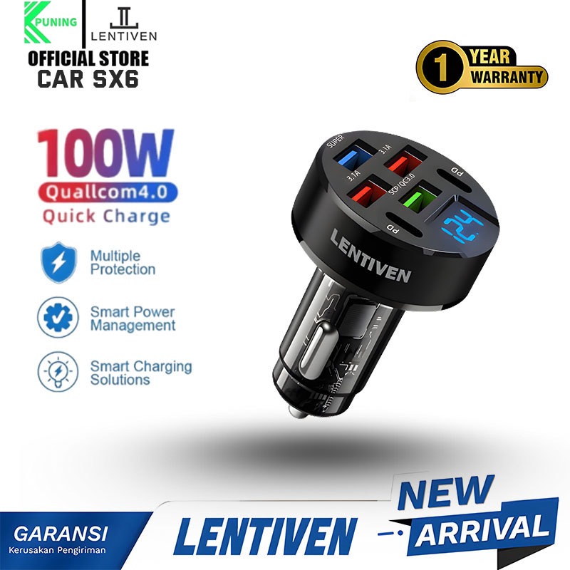 PUNING LENTIVEN Car Charger Colokan Mobil 4 Ports PD 120W USB Type C & Lightning Fast Charging Qualc