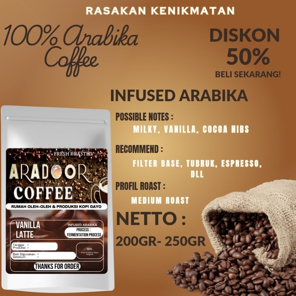 

Kopi Vanilla Latte Arabika Aceh Gayo Infused Arabica 200gr - 250gr Aradoor Coffee