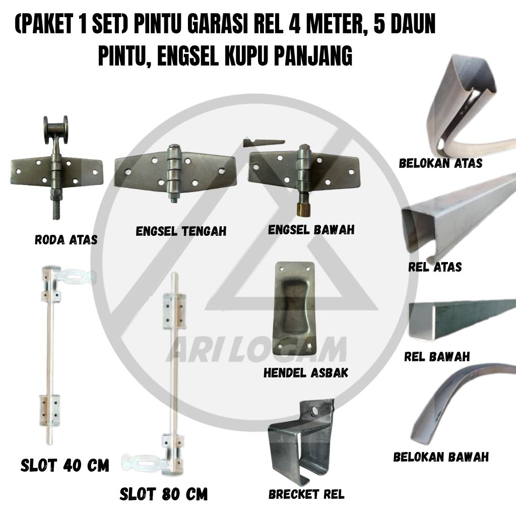[PAKET SATU SET] PINTU GARASI TIKUNG 4 METER 5 DAUN||FULL SET REL, RODA, ENGSEL KUPU AKSESORIS PINTU