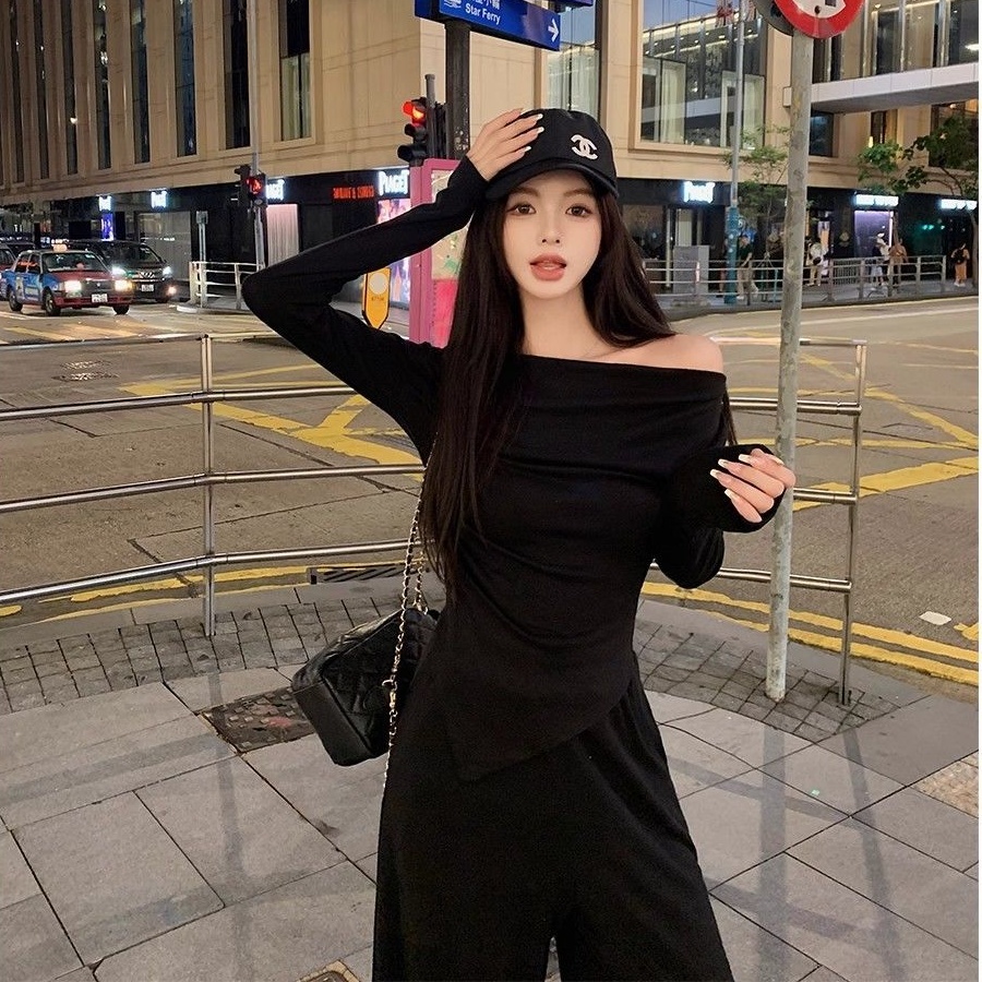 Top satu-shoulder untuk wanita set celana lebar wanita knit set bangkok one set wanita kemeja dan ce