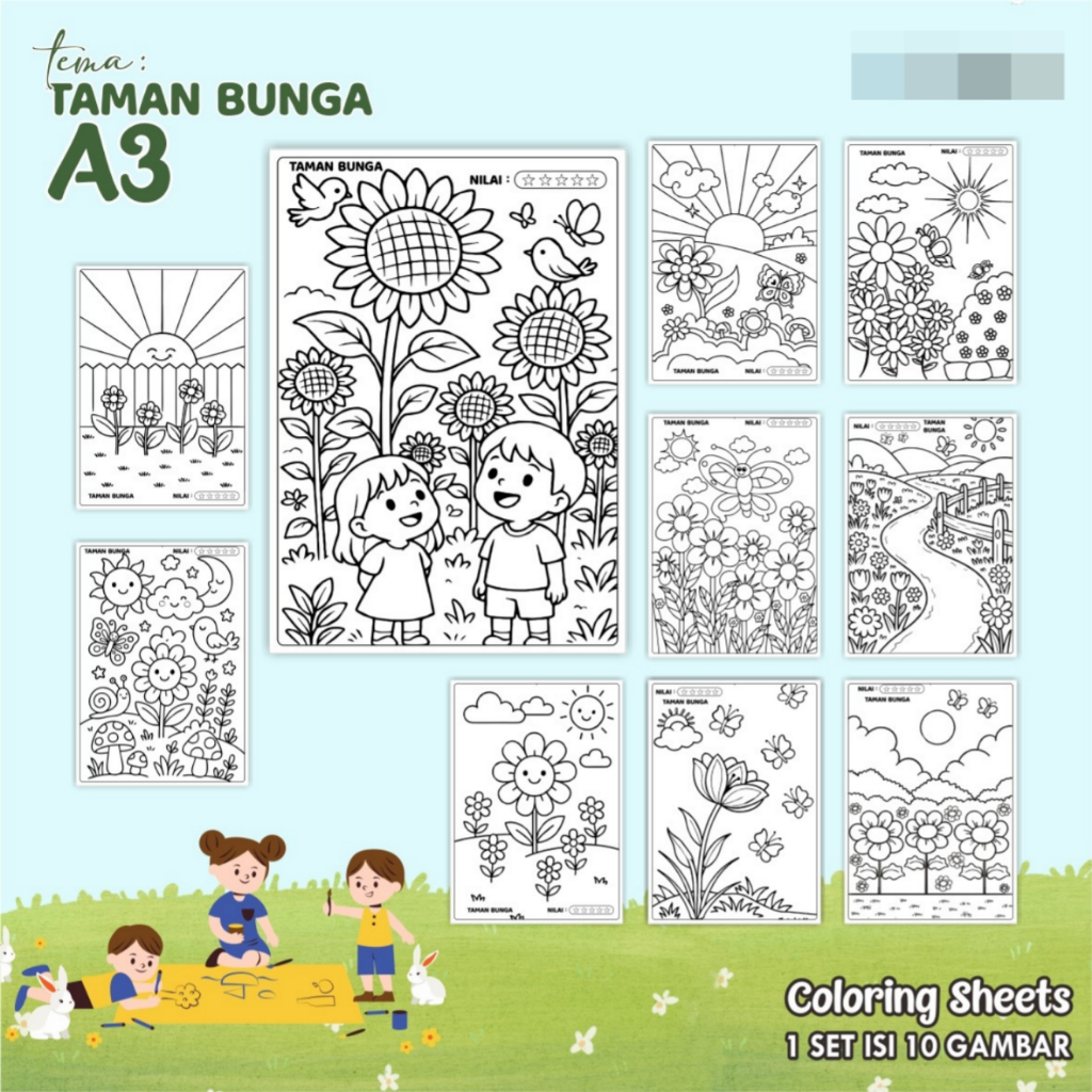 

KERTAS GAMBAR MEWARNAI TEMA TAMAN BUNGA - LEMBAR COLORING SHEETS FOR KIDS ISI 10 LEMBAR [A3] READY