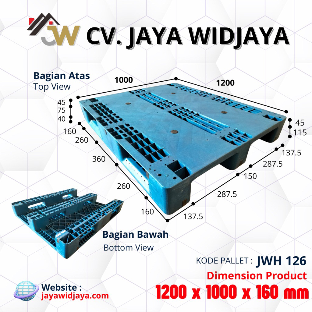 PALLET PLASTIK JWPLAST | PALLET PLASTIK JWH 126 BIRU | UKURAN 1200 x 1000 c 160 | SINGLE DECK PALLET