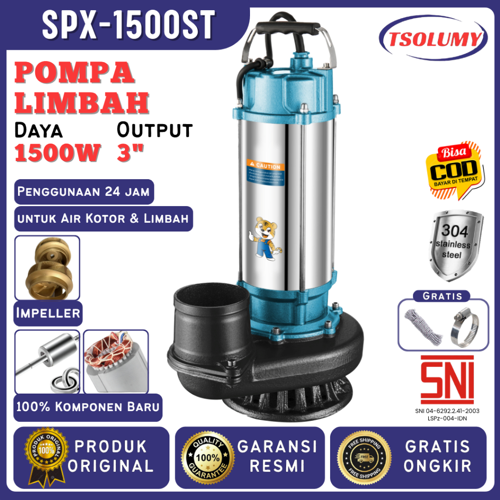 Tsolumy Celup Air Kotor Lumpur Manual SPX-1500 ST Pompa Celup Pompa Sawah Pompa Kolam Ikan Lumpur