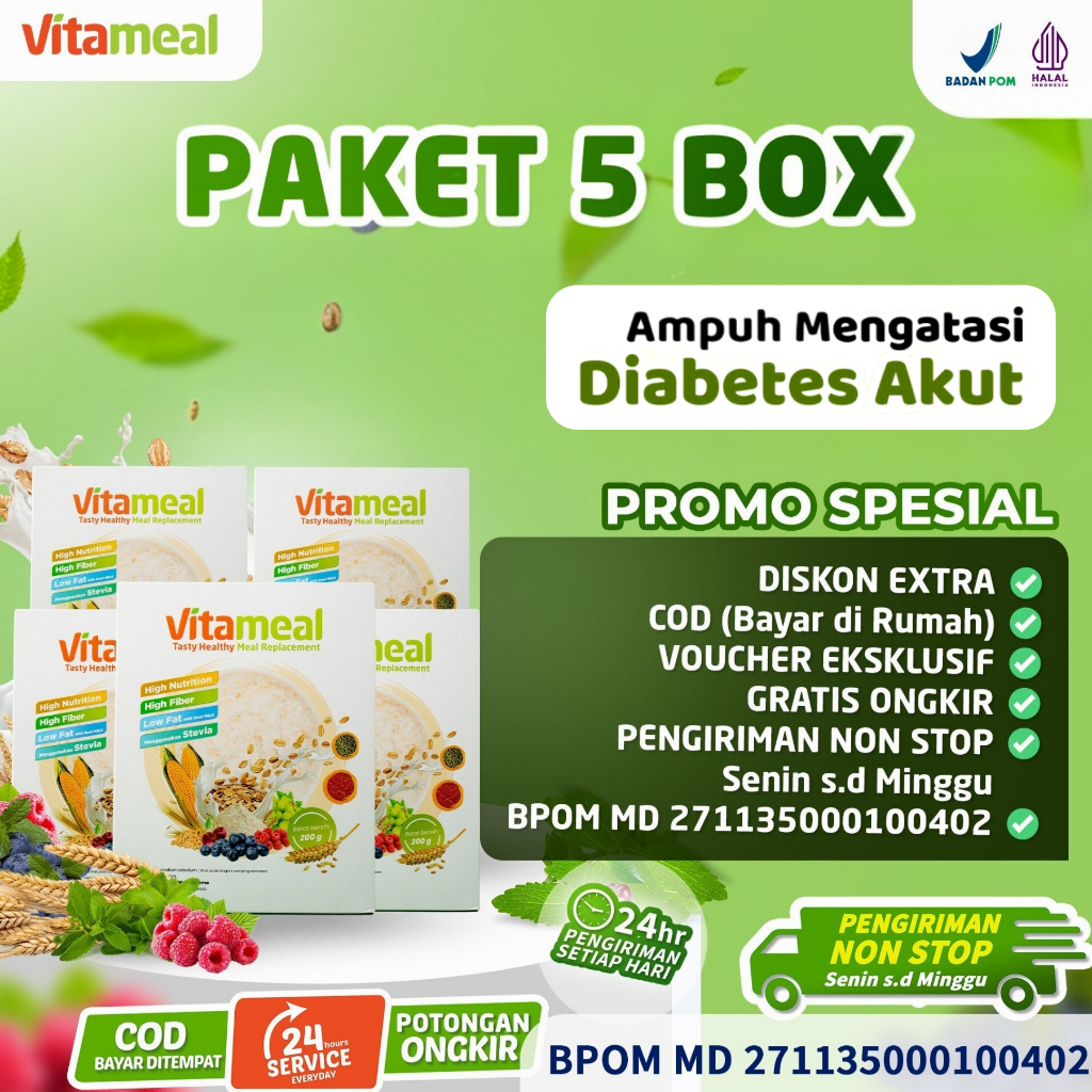 

Vitameal - Paket 5 Box Sereal Vitameal Lebih Murah Solusi Tepat Menurunkan Gula Darah Cegah Diabates Secara Alami 100% Aman BPOM
