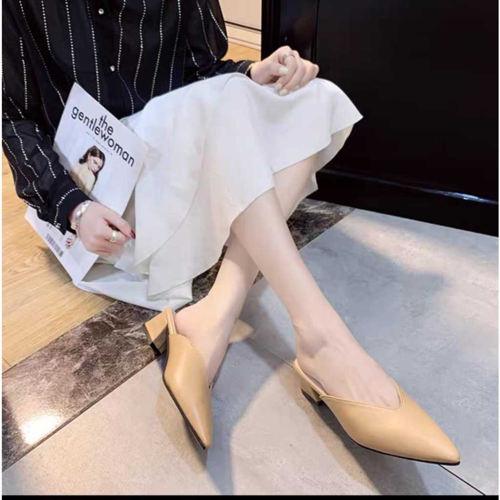 Gevani Mules Heels Wanita 3CM Formal Elegan Hitam Putih Tan Size 36-40 Nyaman & Stylish (CK563)