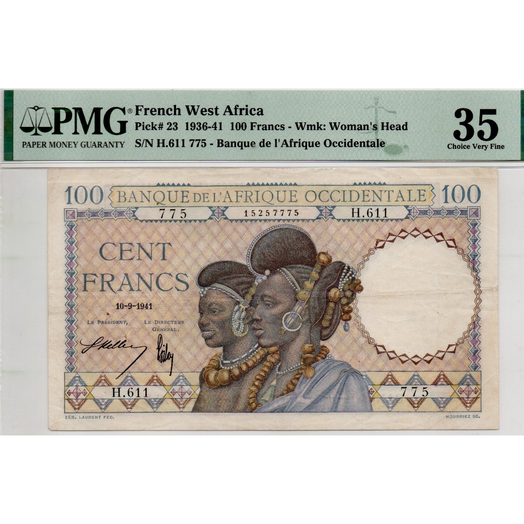 Uang Kuno French West Africa 100 Francs Pick 23 Rare (PMG 35 VF)