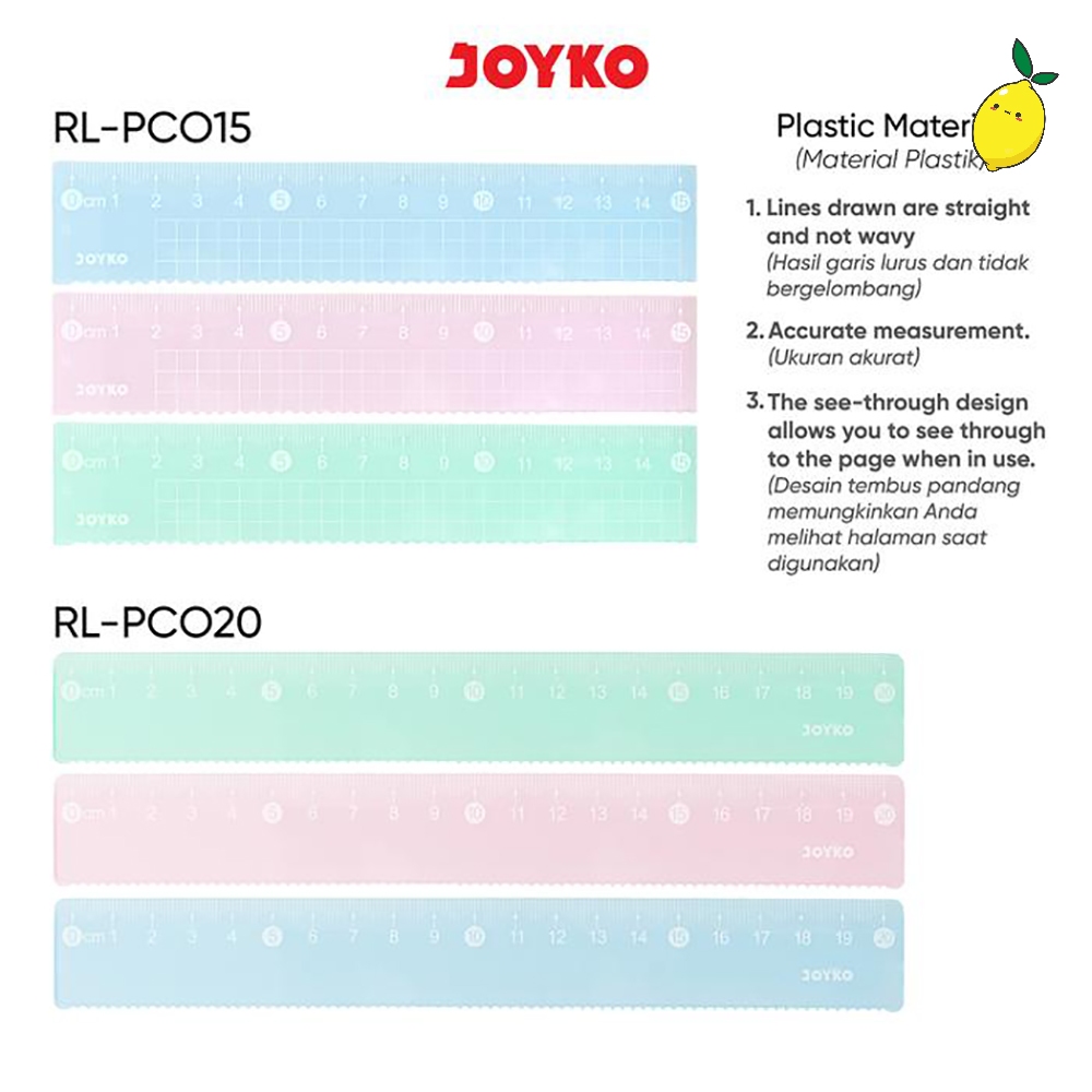 

Penggaris / Garisan / Mistar / Ruler Joyko RL-PCO15~20cm Pastel Color