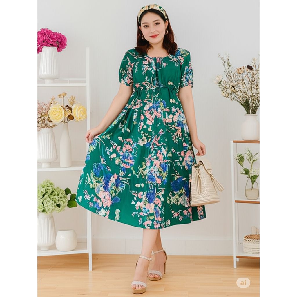 Daster Wanita Terbaru Daster Motif Bunga Kerut Dada - Baju Tidur Daster Kekinian Lengan Pendek Motif