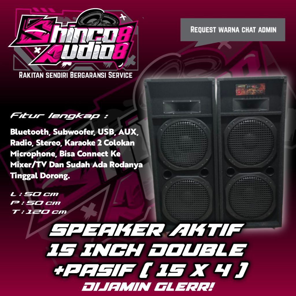 Spiker aktif rumahan 15 inch double + pasif ( 15x4 ), Bluetooth Subwoofer Bass nglerr, Barang baru r