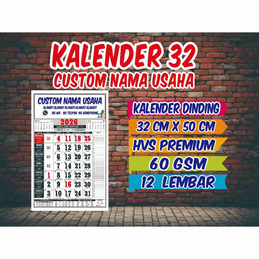 

KALENDER DINDING 2026 (12Lembar) + NAMA TOKO USAHA