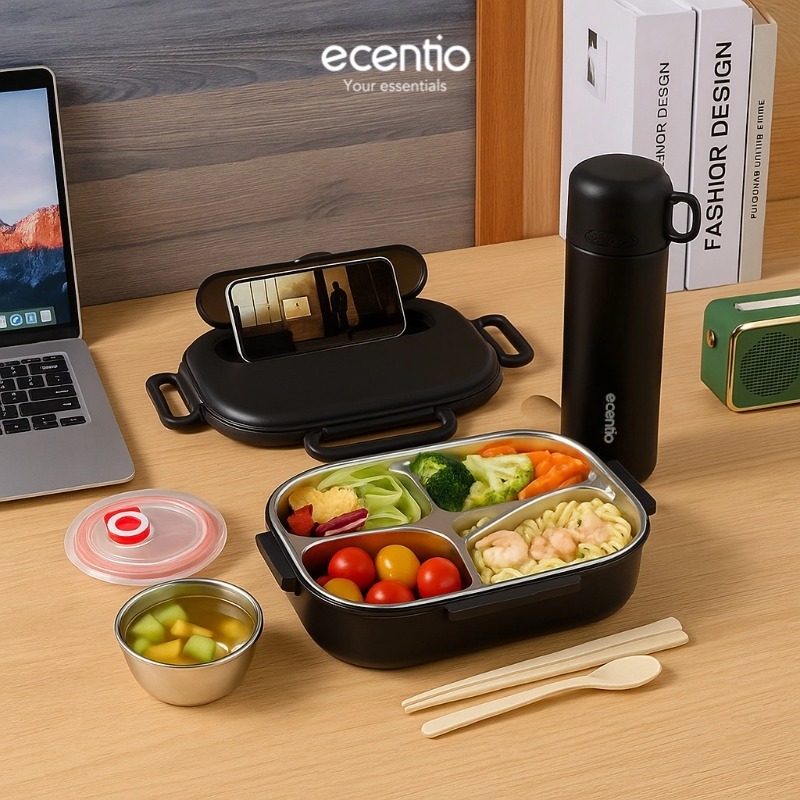 [Stainless 304] ecentio lunch box set 1000ml stainless 304 sekat 4 dan anti tumpah free sendok sumpi