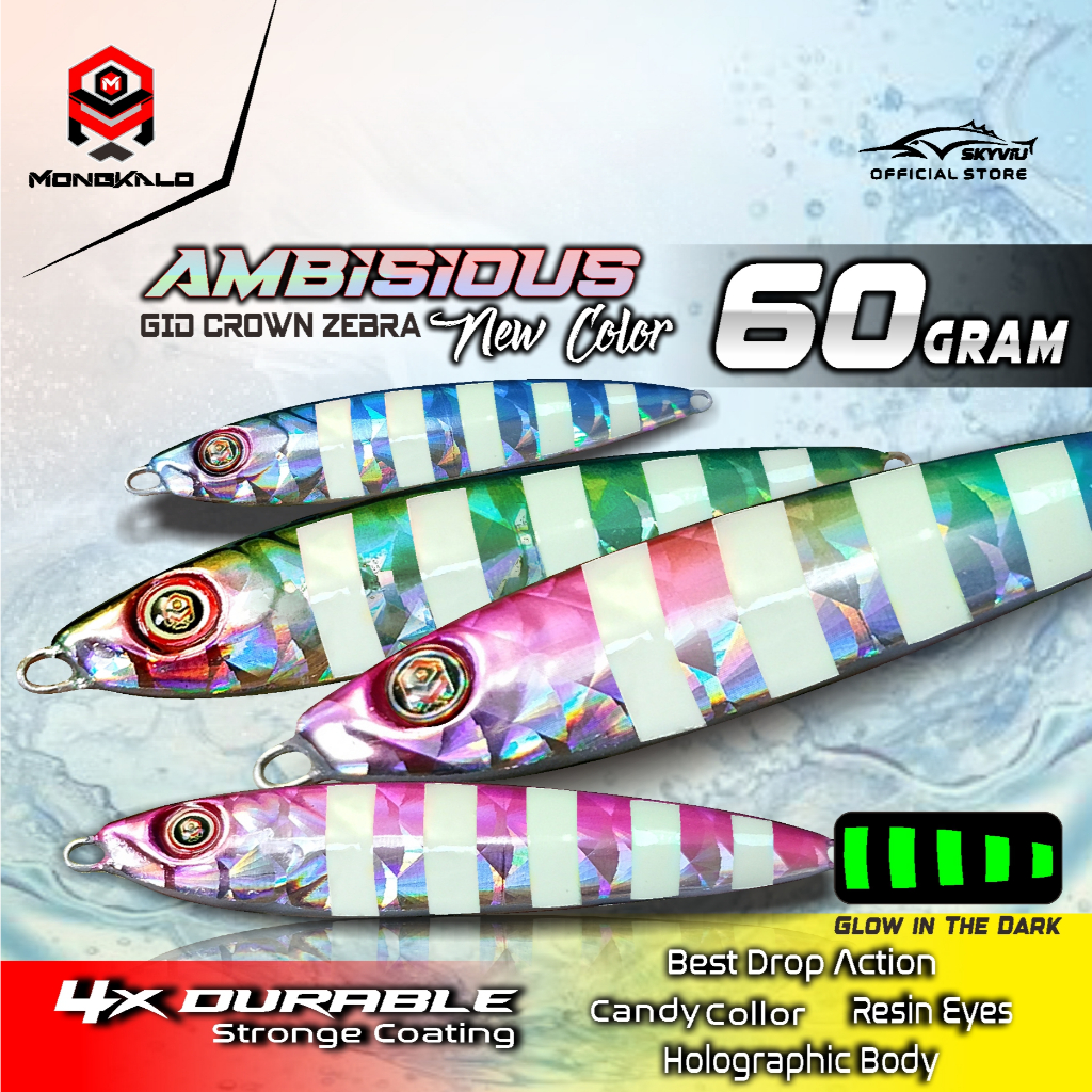 Metal Jig 60 Gram MONGKALO AMBISIOUS 60gram GID Zebra Glow In The Dark Hologram Sisik Kipas MetalJig