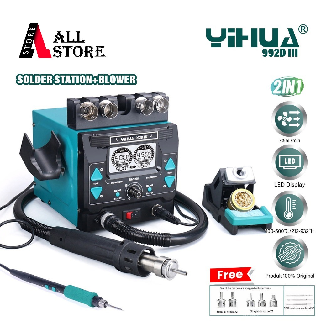 YIHUA 992D-III Digital Rework Station Original – Solder & Blower Station 2in1 Teknisi HP Laptop IC S