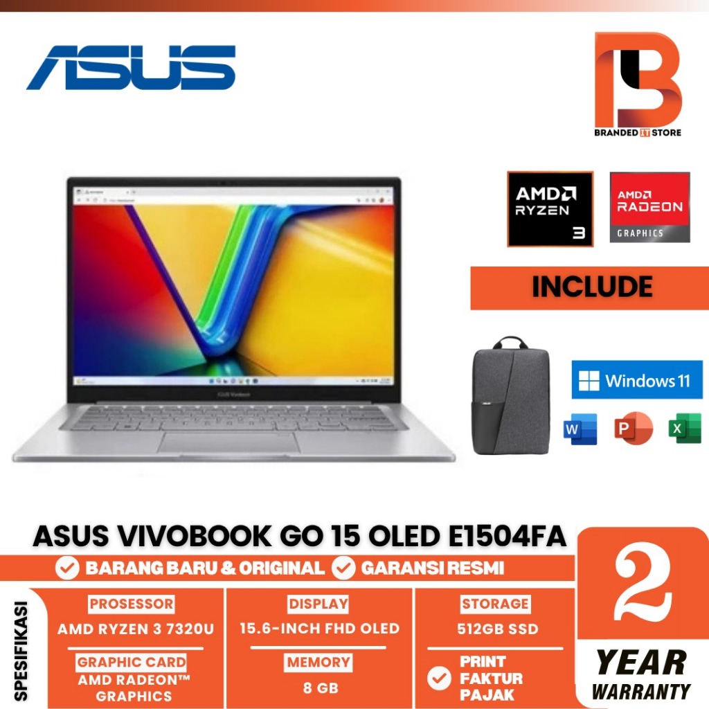 ASUS LAPTOP VIVOBOOK GO 15 OLED E1504FA-OLED353 15.6 OLED AMD RYZEN 3 7320U AMD RADEON GRAPHICS RAM 