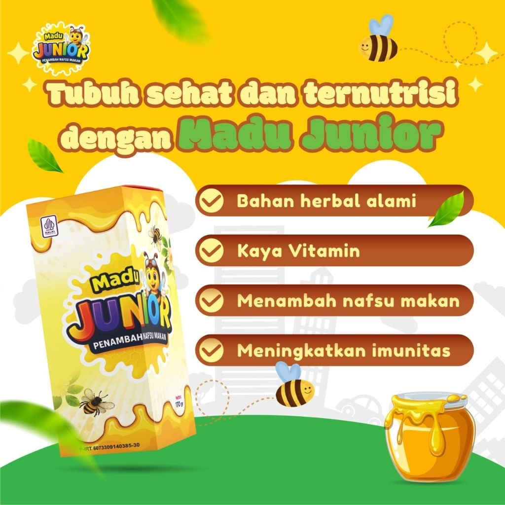 

Madu Anak Junior Penambah Nafsu Makan merupakan madu herbal alami khusus anak-anak yang diperkaya Madu, Kunyit, Daun Pepaya, Minyak Habbatussauda, dll isi 170 gram