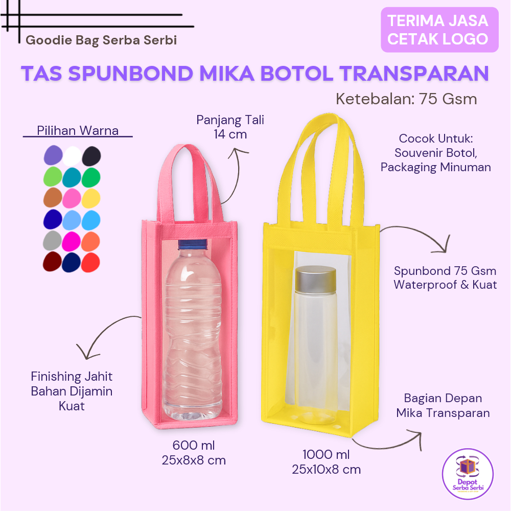 

Tas Botol Mika Transparan Spunbond 600ml & 1000ml – Goodie Bag Souvenir Minuman 25x8x8 / 25x10x8 cm