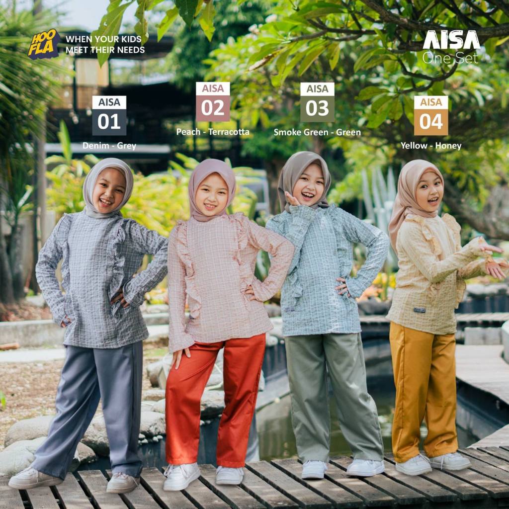Hoofla Kids Setelan Anak Muslim Perempuan Terbaru Aisa Oneset Remaja Anak 3-12 Tahun Bahan Crinkle L