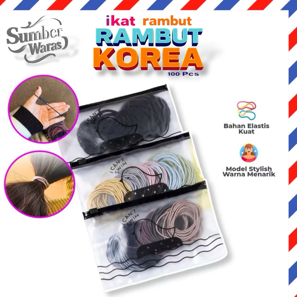 IKAT RAMBUT Gelang Korea Isi 100 Pcs -  Bonus Tas Pouch