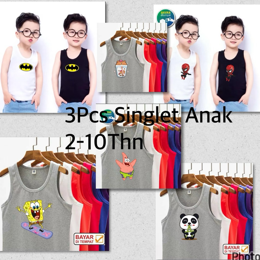 3Pcs Singlet Anak Gambar/Singlet Anak karakter/Singlet Anak Murah
