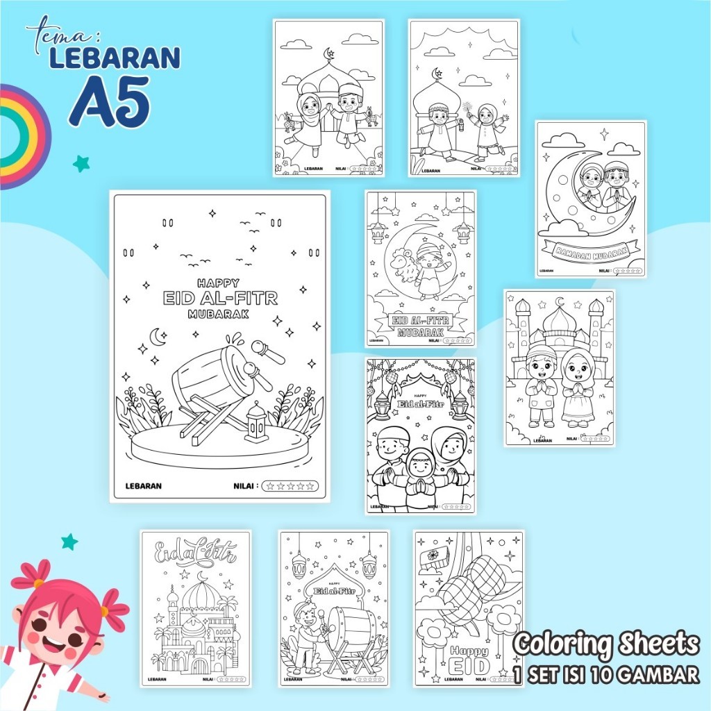 

Kertas Lembar Mewarnai Anak A5 - Coloring Sheet Satuan Tema LEBARAN - PHBI PHBN Kertas Tebal