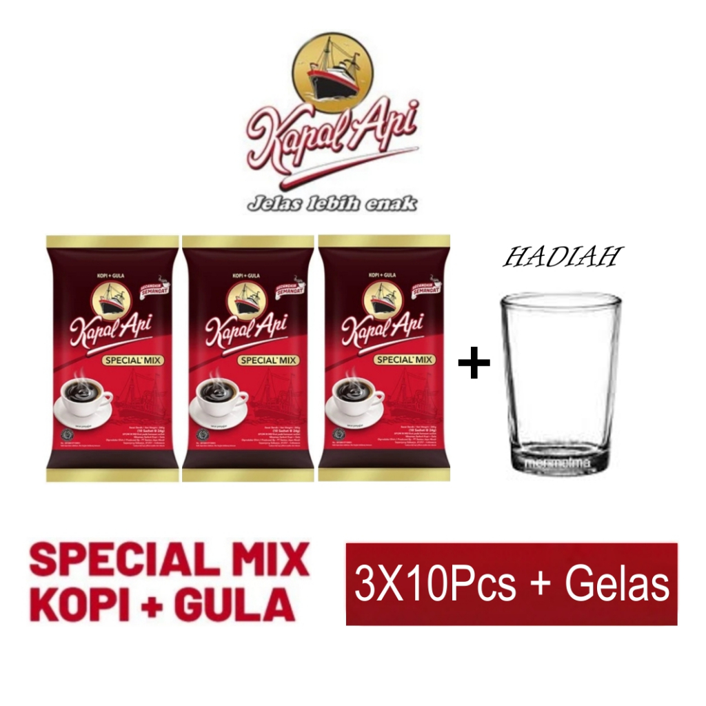 

Kopi Kapal Api Spc Mix+Gula kemasan Pax - 3 x 10's + GELAS free