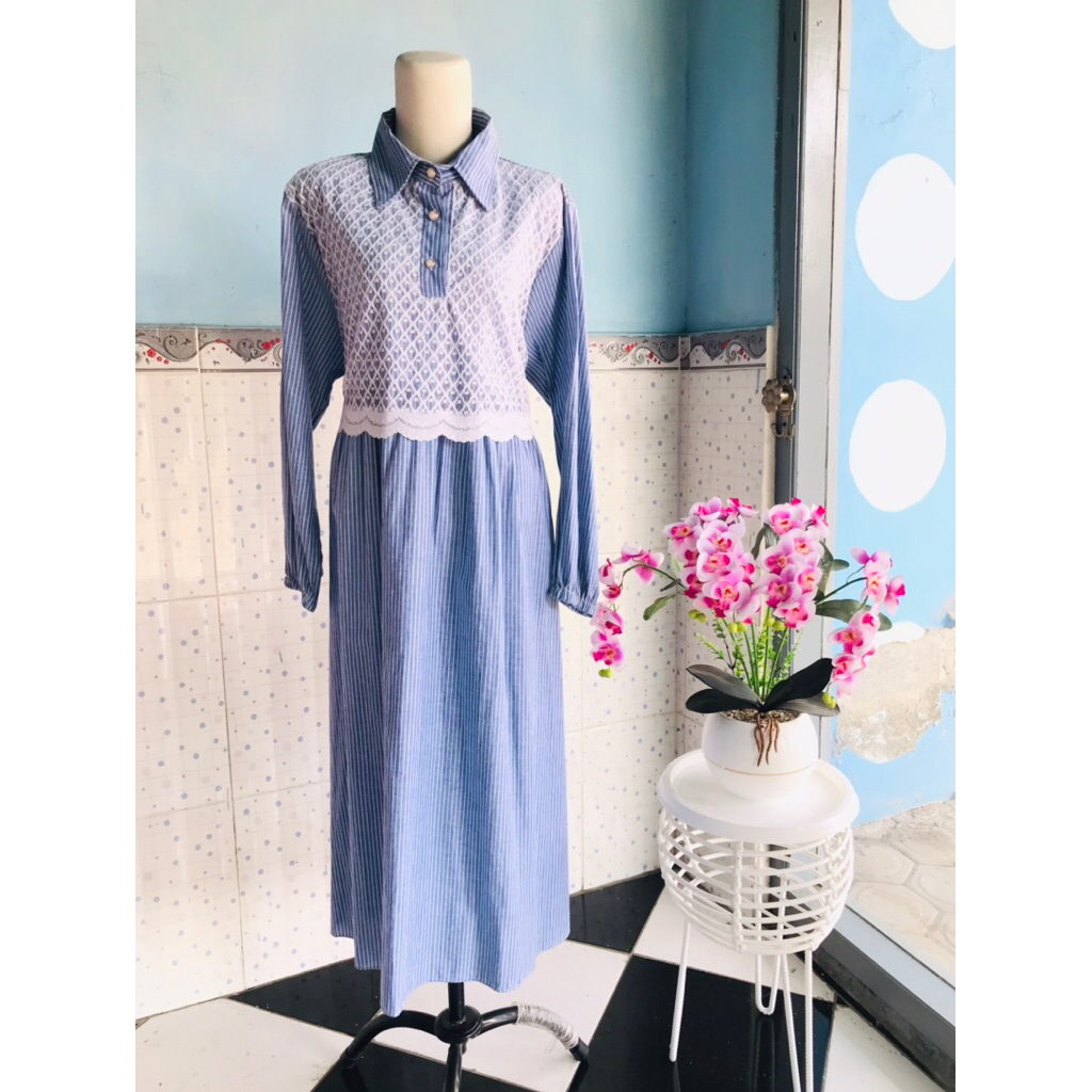FELIOR Midi dress wanita // Katun Salur Premium dress midi wanita