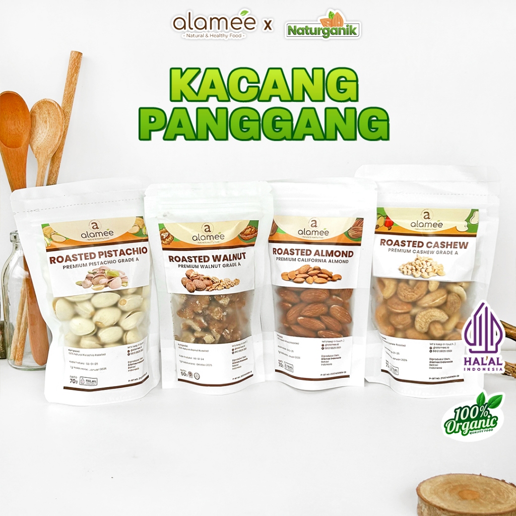 

alamee kacang panggang almond mede walnut pistachio Premium Roasted Grade A California Naturganik
