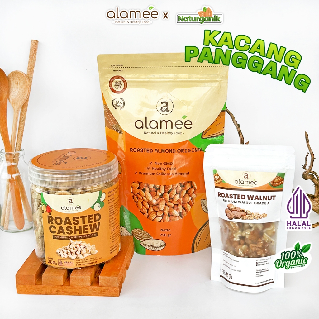

alamee kacang panggang almond mede walnut pistachio Roasted Grade A All Varian Naturganik