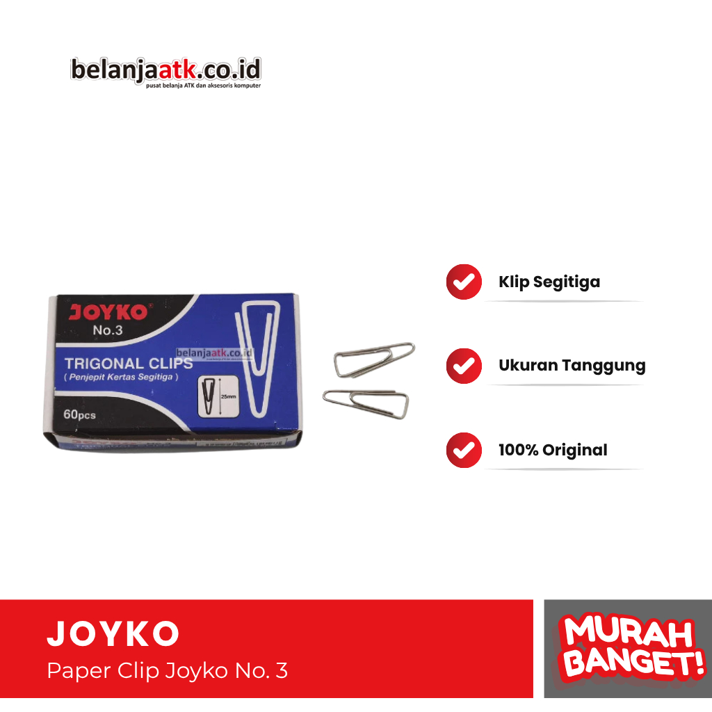 

Paper Clip Tanggung Joyko No. 3 Ukuran 25 mm / Klip Segitiga
