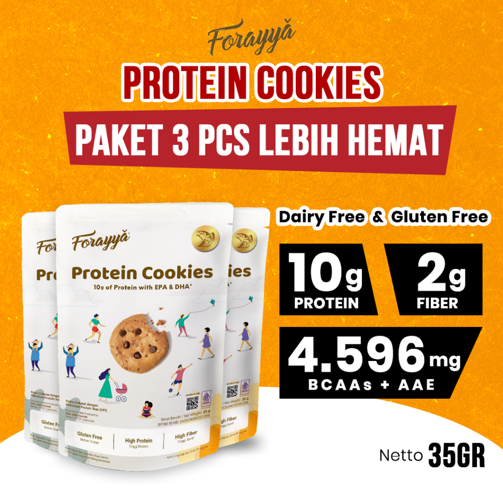 

3 PCS Protein Cookies Forayya Cemilan Sehat Gluten Free Tinggi Protein Snack 35g