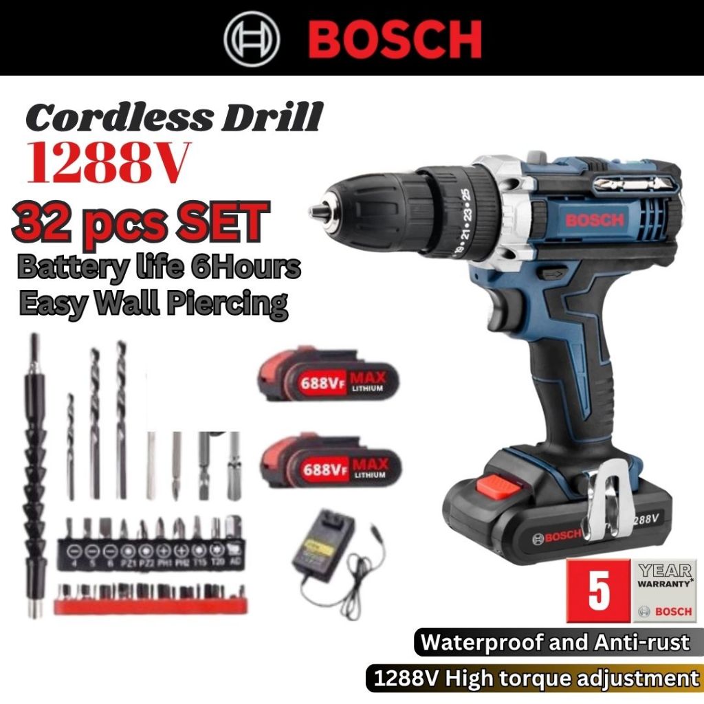 Bosch 1288V Mesin Bor Baterai 2 in 1 Tangan Cordless Drill Battery Bor Cordless Power Drills Kit