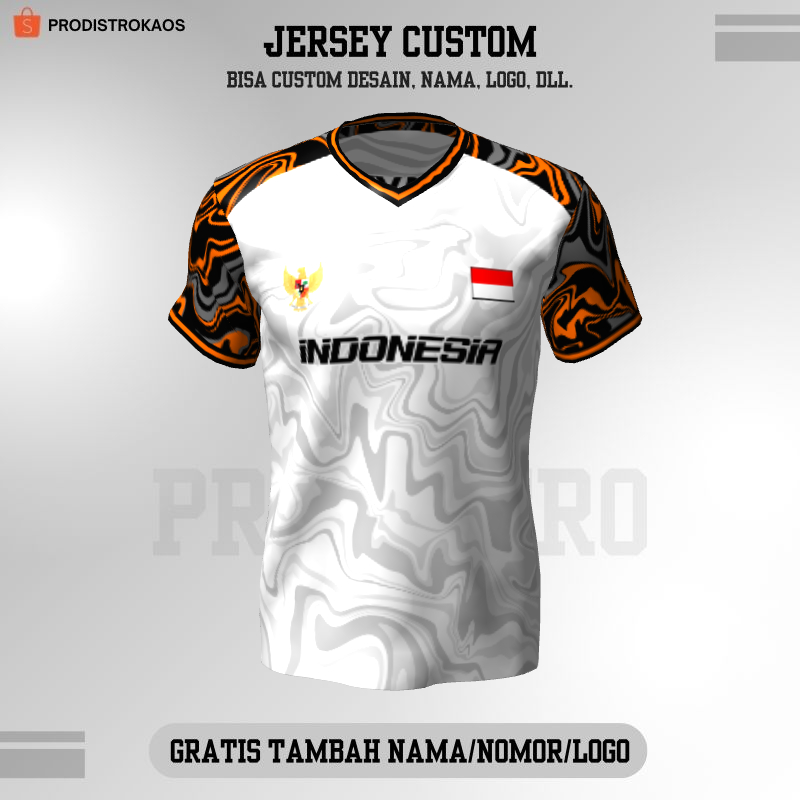 Kaos Jersey Futsal Putih Hitam Orange Motif Abstrak 388 - Jersey Badminton Pingpong Lari Volly dll